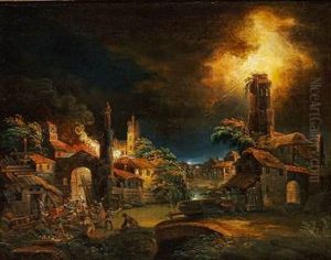 A Fire At Night In A Village During A Storm