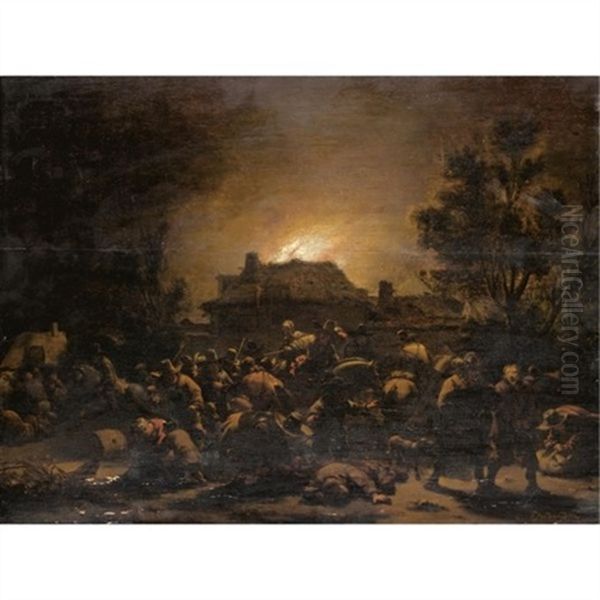 Soldiers Plundering And Burning A Village At Night - view 1