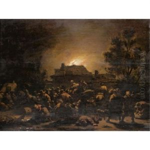 Soldiers Plundering And Burning A Village At Night by Egbert van der Poel