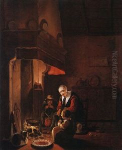 Interieur Mit Familie Beim Essen Am Kamin