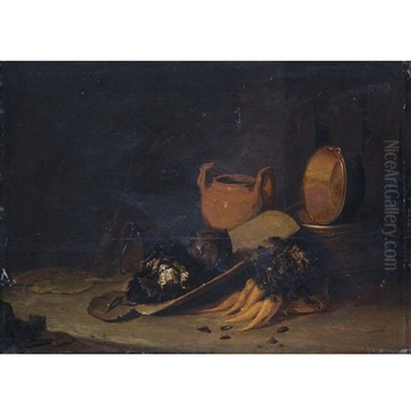 A Still Life With A Terracotta Urn, A Copper Basin, Cabbages And Carrots, Set In A Barn Interior - view 1