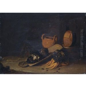 A Still Life With A Terracotta Urn, A Copper Basin, Cabbages And Carrots, Set In A Barn Interior