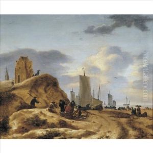 Fisherfolk Selling Their Wares On A Beach, With Sailing Vessels Beyond Fisherfolk Selling Their Wares On A Beach, With Sailing Vessels Beyond
