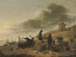 A Horseman Conversing With Fisherfolk On A Beach by Egbert van der Poel