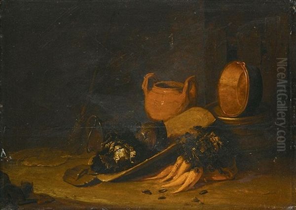 A Still Life With A Terracotta Urn, A Copper Basin, Cabbages And Carrots, Set In A Barn Interior - view 1