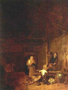 A Barn Interior With A Man Picking Eggs From A Basket And A Woman Stirring In A Wooden Barrel, With A Kitchen Still Life With Pots, Pans And Vegetables In The Foreground by Egbert van der Poel