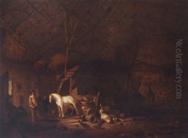 A Barn Interior With Cavalier And His Horse - view 1