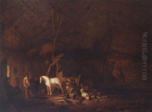 A Barn Interior With Cavalier And His Horse by Egbert van der Poel