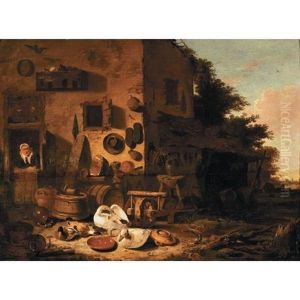 A Kitchenmaid At The Doorway Of A Farmhouse With Ducks And Geese In The Foreground by Egbert van der Poel