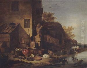 A Cottage With A Still Life Of Kitchen Utensils, Ducks, A Woman Washing Her Laundry In A Stream And A Man With A Horse In The Near Background by Egbert van der Poel