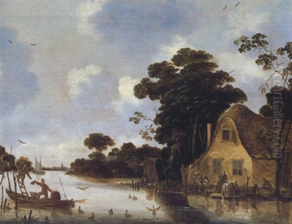 Bauernhaus An Einem Flus Mit Figuren Und Einem Boot - view 1