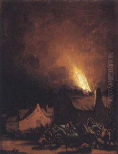Nachtliche Feuerbrunst In Einem Dorf