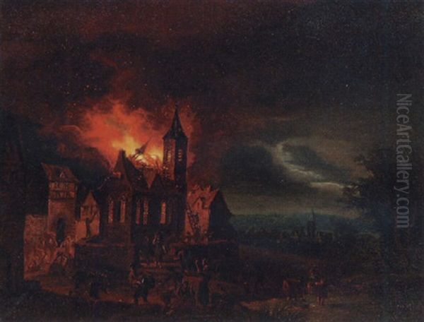 A Nocturnal Townscape With A Church On Fire - view 1