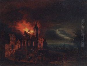 A Nocturnal Townscape With A Church On Fire