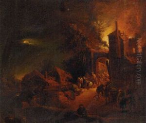 A House On Fire At Night by Egbert van der Poel