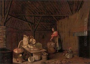 The Interior Of Barn With A Woman Washing Clothes by Egbert van der Poel