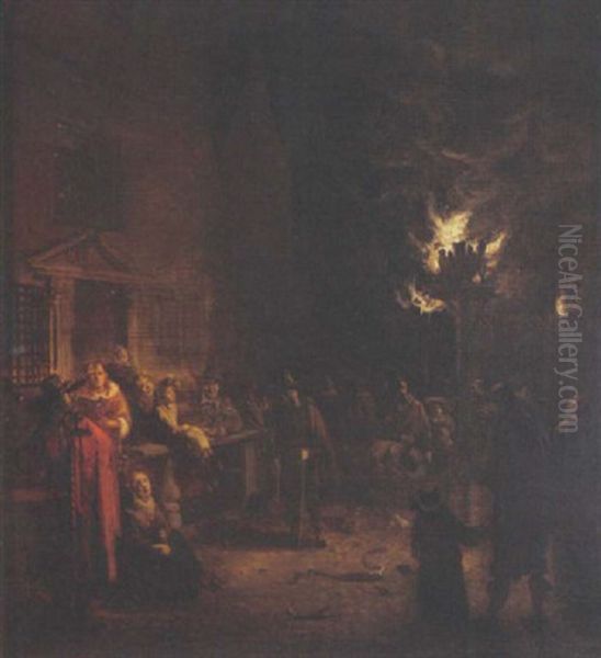 A Street Scene With Figures Standing Around A Tar Barrel - view 1