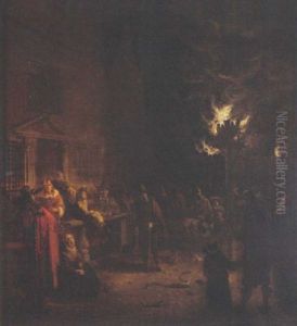 A Street Scene With Figures Standing Around A Tar Barrel A Street Scene With Figures Standing Around A Tar Barrel