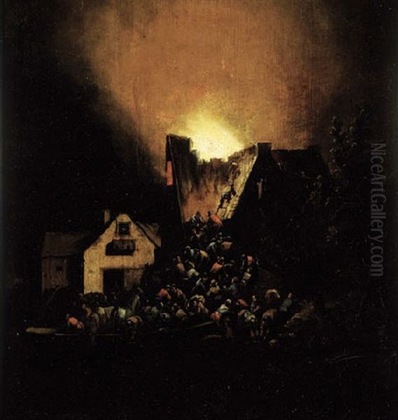 A House On Fire At Night With Peasants Coming To Rescue - view 1