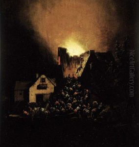 A House On Fire At Night With Peasants Coming To Rescue