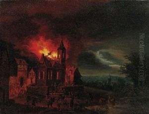 A Church Fire In A Town At Night, An Extensive Landscape Beyond by Egbert van der Poel