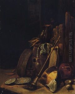 Still Life Of A Broom, Carrots, Turnips, Jugs And Pewter Vessels In A Courtyard, With A Man Peering Through A Window Beyond