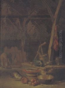 Eine Scheune Mit Geschirr, Geraten, Einer Katze, Im Hintergrund Ein Bauer, Der Ein Schwein Futtert by Egbert van der Poel