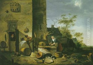 Scene Dans Une Cour De Ferme by Egbert van der Poel