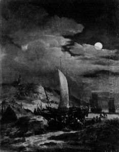 Fischer Am Nachtlichen Strand Bei Scheveningen by Egbert van der Poel