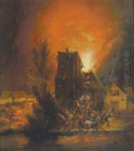 Natlig Scene Med Landsbyens Folk, Der Forsoger At Slukke En Brand by Egbert van der Poel