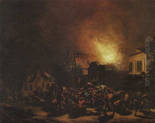 A Town On Fire At Night With Villagers Looting - view 1