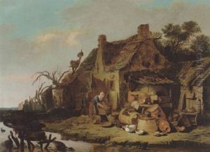 Bauerhaus An Einem Flus Mit Vielem Gerat Und Einer Frau Beim Waschewaschen by Egbert van der Poel