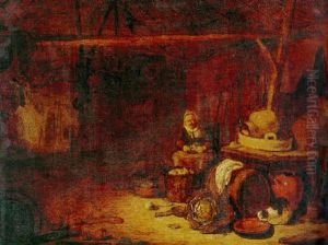 Kitchen Interior With A Peasant Woman Peeling Vegetables by Egbert van der Poel