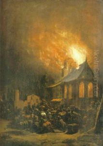 Manniskor Och Djur Samlade Framfor Brinnande Kyrka