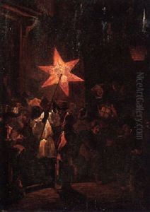 A Village Street Scene At Night With Figures Holding Lanterns by Egbert van der Poel