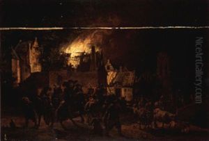 A Night Scene With Soldiers Setting A Village On Fire And Driving Out Its Inhabitants by Egbert van der Poel