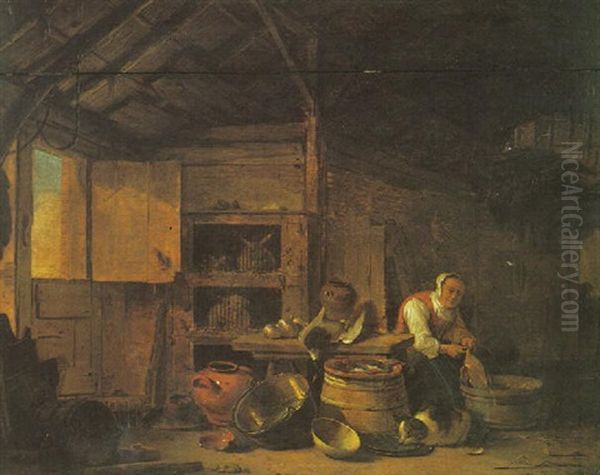 An Interior With A Still Life Of Kitchen Utensils, A Cat, Caged Rabbits And A Maid Plucking A Chicken - view 1