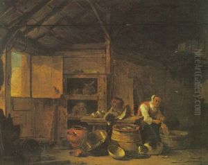 An Interior With A Still Life Of Kitchen Utensils, A Cat, Caged Rabbits And A Maid Plucking A Chicken by Egbert van der Poel