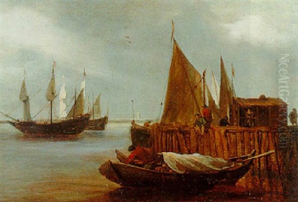Boats Moored At A Jetty With Two Frigates Beyond - view 1