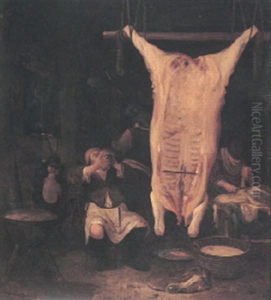 An Interior With Figures Beside A Hung Carcass - view 1