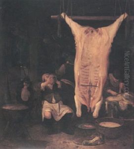 An Interior With Figures Beside A Hung Carcass by Egbert van der Poel
