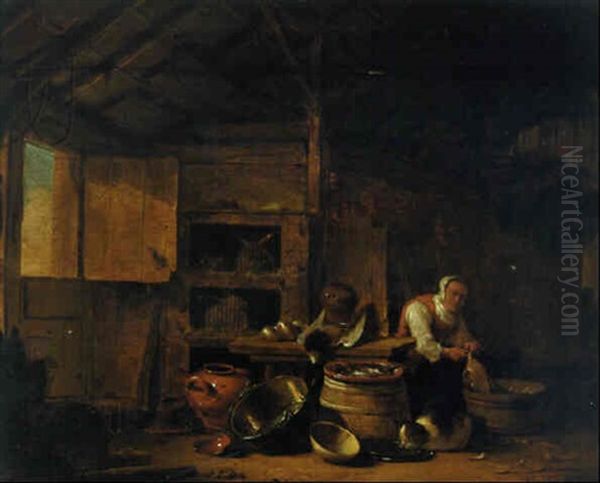 A Woman Plucking A Duck With A Cat In A Barn - view 1