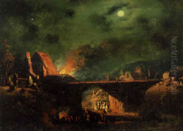 Peasants Watching A Fire In A Village By Moonlight - view 1