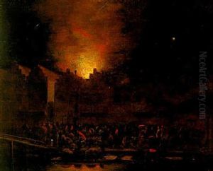 Figures Fighting A Fire In A City At Night by Egbert van der Poel