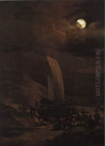 Nachtliche Strandansicht Mit Hohen Segeln Bei Stiller See by Egbert van der Poel