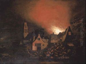 A Townhouse Ablaze At Night With Peasants Fire-fighting