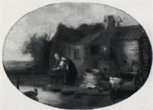 Peasant Woman At Work In A Farmyard With Ducks And Kitchen Utensils by Egbert van der Poel