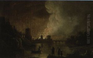 Fire In A River Town At Night by Egbert van der Poel