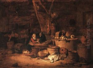 Kitchen Interior With A Couple Embracing Amid An Extensive Still Life