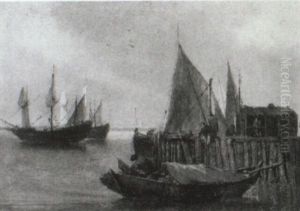 Fisherman Working On His Boat Moored To A Quay by Egbert van der Poel